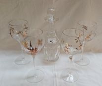 4 'crackle' glass wine glasses and a decanter