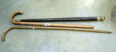 3 walking sticks including combined snooker cue