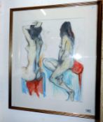 A mixed media painting of Two Seated Nudes by Lewis Davis (1939-2010) signed