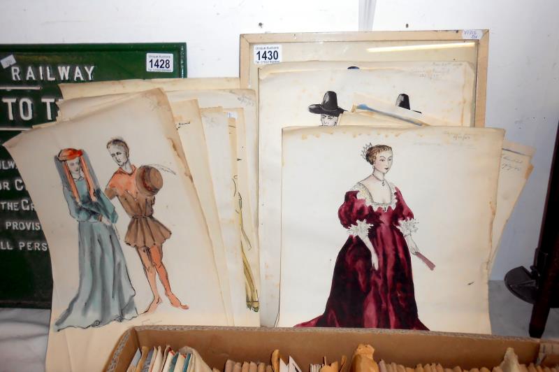 A collection of over 20 circa 1940s watercolours of costume designs including 1 framed and other