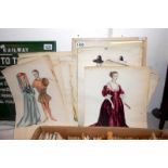 A collection of over 20 circa 1940s watercolours of costume designs including 1 framed and other