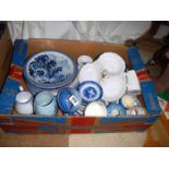 A box of blue & white plates etc.