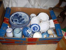 A box of blue & white plates etc.