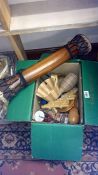 A box of wooden musical instruments etc.