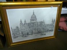 A large gilt framed pencil drawing of London & St Pauls