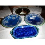 2 glazed pottery dishes, a Chris Aston art pottery bowl & Welsh oblong plate