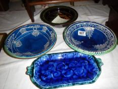 2 glazed pottery dishes, a Chris Aston art pottery bowl & Welsh oblong plate