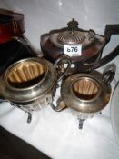 A silver plate teapot, milk jug & sugar bowl