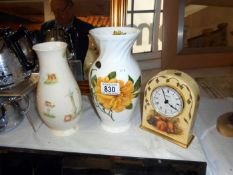 An Aynsley clock & 2 vases