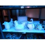 A quantity of china, egg baskets, jugs etc, 1 shelf