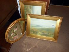 A pair of gilt frame prints and a painted mirror