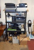 4 shelves of computer, stereo items etc