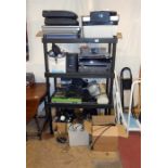 4 shelves of computer, stereo items etc