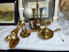 A quantity of brassware including Victorian candlesticks