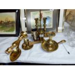 A quantity of brassware including Victorian candlesticks