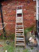 A wooden step ladder and a metal step ladder