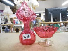 A Cranberry glass dish and vase