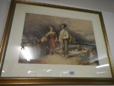 A framed & glazed water colour circle of Henry Perlee Parker 'children on shore' image 50cm x 35cm