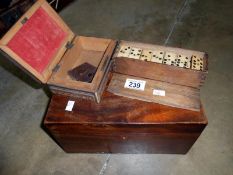 3 wooden boxes including dominoes