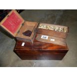 3 wooden boxes including dominoes