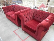A red draylon Chesterfield 2 seater settee & matching chair