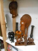 A quantity of wooden items including elephant book ends, oak biscuit barrel & candlesticks etc.