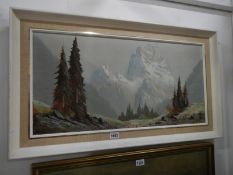 1960's painting on canvas of fir trees and mountains