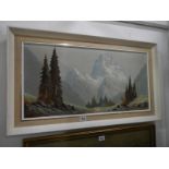 1960's painting on canvas of fir trees and mountains