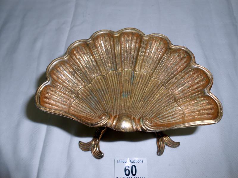 A solid brass dish surmounted by mermaid & a pair of brass candlesticks - Image 5 of 5