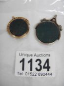 2 Victorian 9ct gold fobs set with hardstones,