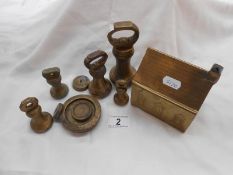 A quantity of brass weights & a money box