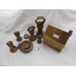 A quantity of brass weights & a money box