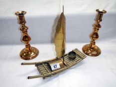 An old Chinese brass junk & a pair of candlesticks