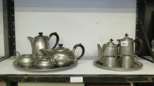 2 x 5 piece hand beaten pewter tea and coffee sets