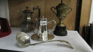 Quantity of silver plated items including ladle, chocolate pot,