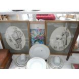 2 pencil character drawings of Victorian musicians & a floral picture