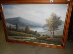 A large original oil on canvas of a shepherd with sheep in a landscape signed P.