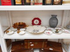 A shelf of porcelain & glass vases including Royal Worcester & Coalport etc.