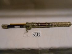 An antique rosewood and silver knife in scabbard with ivory chopsticks