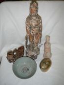 5 items of various Chinese artifacts including antique carved wood figure, soapstone carving,