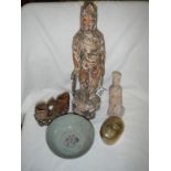 5 items of various Chinese artifacts including antique carved wood figure, soapstone carving,