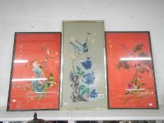 3 Oriental silk pictures framed and glazed