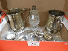 A box of silver & white metal items including tankards, pocket watch cases & coins etc.