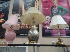 3 table lamps (2 pottery & 1 brass)