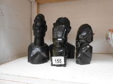 2 African black wood carved male & female figures & 2 South American glass god figures