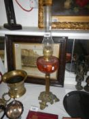 Cranberry oil lamp with brass base