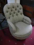 Re-upholstered Victorian Grandmother chair with brass castors
