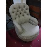 Re-upholstered Victorian Grandmother chair with brass castors