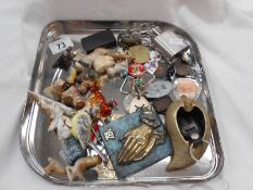 A tray of miscellaneous items including lead dogs & Wade etc