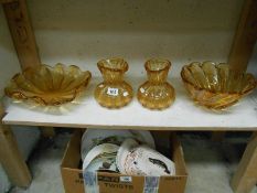 A pair of amber glass vases & 2 bowls